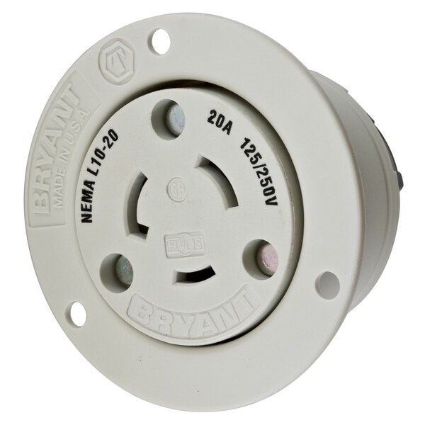 Flanged Locking Receptacle, L10-20R, 20 A, 125/250V AC, Single Phase, 3 Pole, Screw Terminals